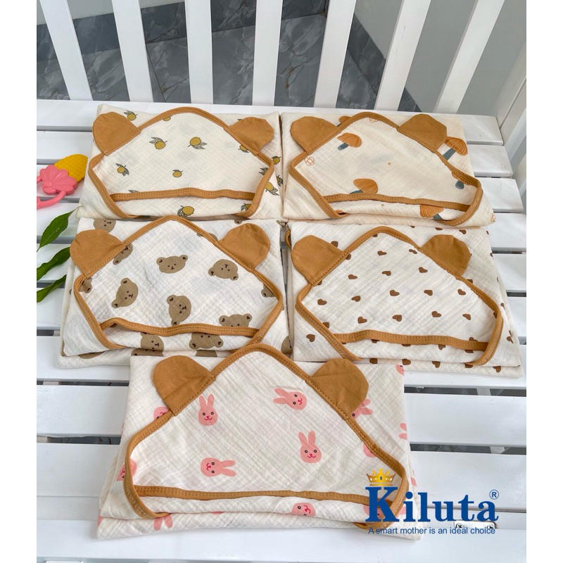 Choàng Ủ, Khăn Tắm, Chăn Ủ Xô Có Mũ 4 lớp KILUTA Chất Thoáng Mát Cho Bé