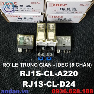 Rơ le trung gian idec có đèn rj1s-cl-a220 rj1s-cl-d24, 5 chân dẹt, 2 cực, imax = 12a + đế rơ le sj1s-05b