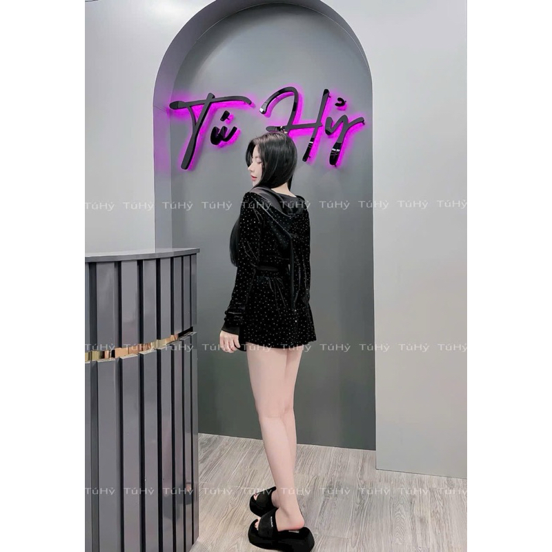 Set áo hoodie tai thỏ kèm quần nhung - Bộ 2 món áo croptop nón tai thỏ kèm quần