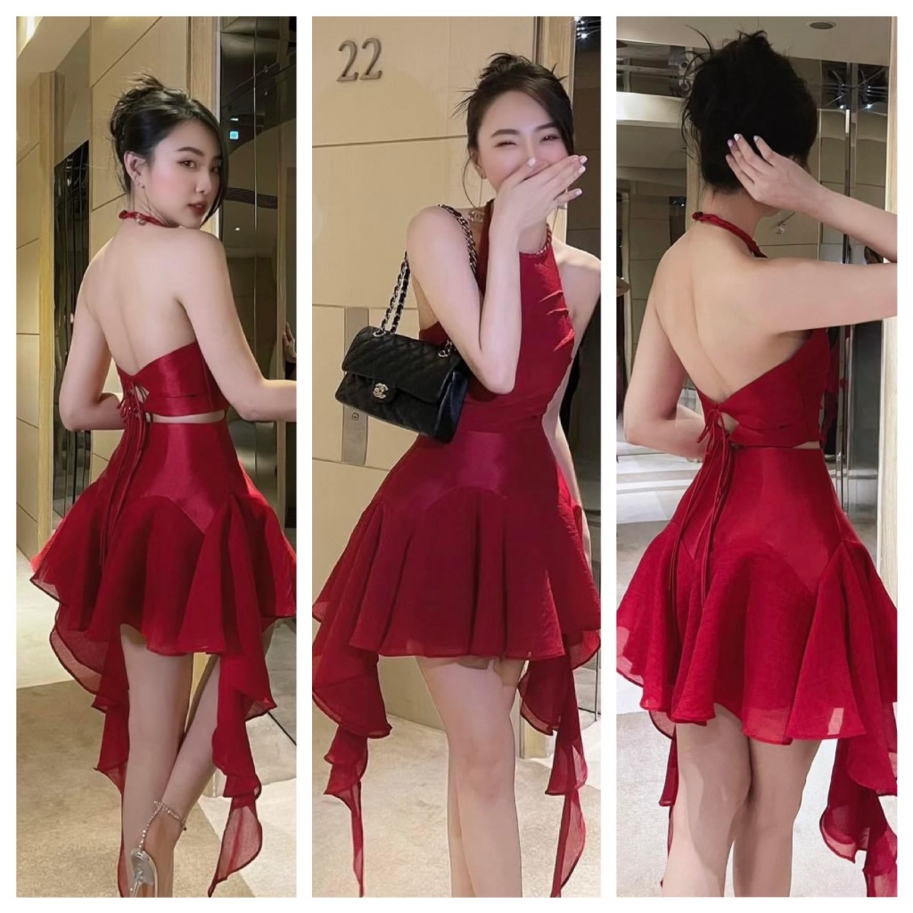 ĐẦM ĐỎ CỔ YẾM HỞ LƯNG ĐAN DÂY TƠ BÈO DÀI