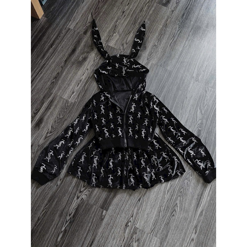 Set áo hoodie tai thỏ kèm quần nhung - Bộ 2 món áo croptop nón tai thỏ kèm quần