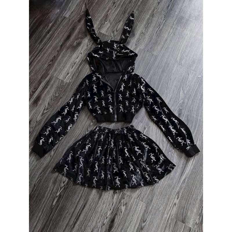 Set áo hoodie tai thỏ kèm quần nhung - Bộ 2 món áo croptop nón tai thỏ kèm quần