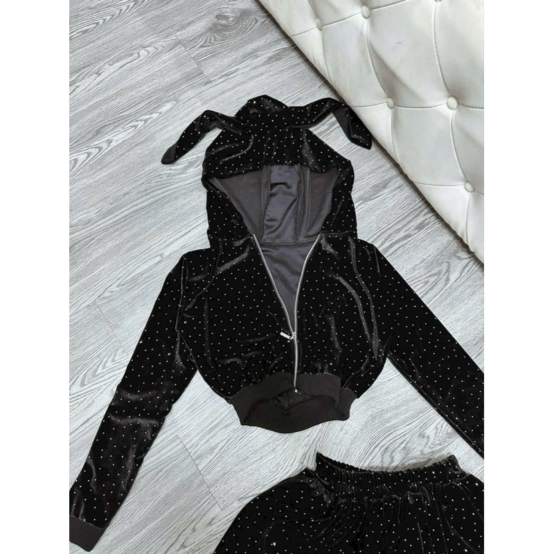 Set áo hoodie tai thỏ kèm quần nhung - Bộ 2 món áo croptop nón tai thỏ kèm quần