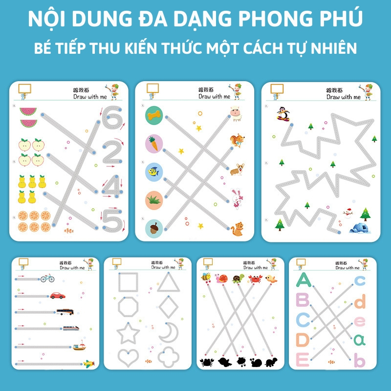 Quyển tập tô vẽ thông minh có thể xóa được 64 trang kèm 6 bút, Học liệu Montessori Đồ chơi giáo dục cho bé từ 2 tuổi