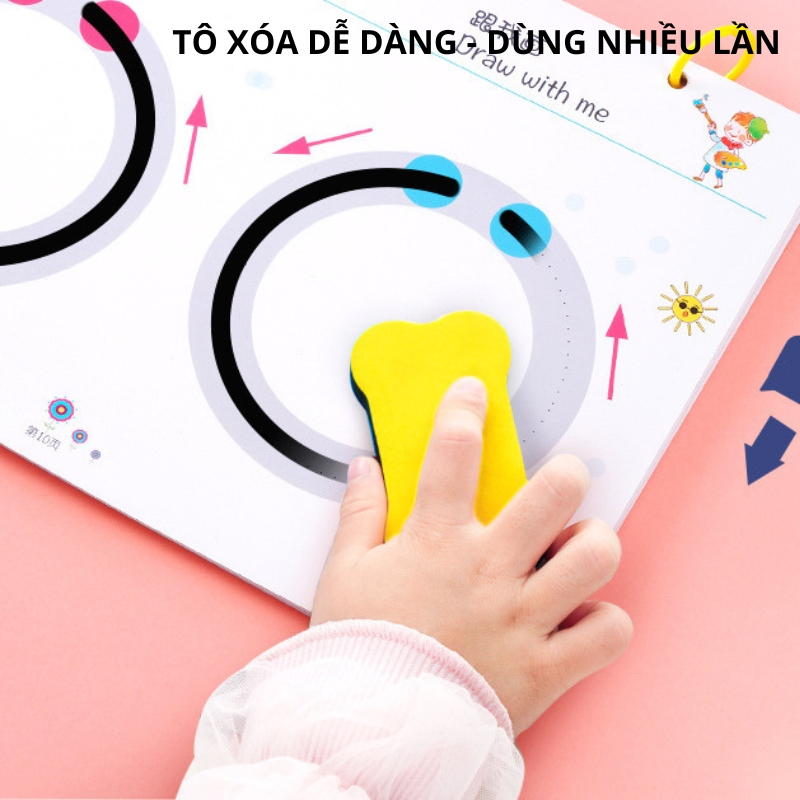 Quyển tập tô vẽ thông minh có thể xóa được 64 trang kèm 6 bút, Học liệu Montessori Đồ chơi giáo dục cho bé từ 2 tuổi