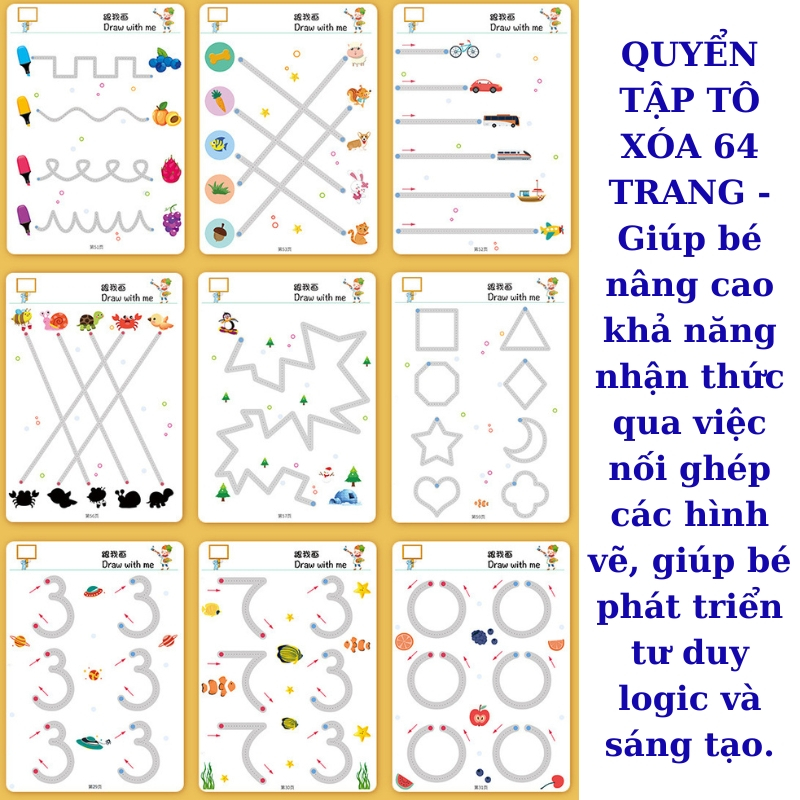 Quyển tập tô vẽ thông minh có thể xóa được 64 trang kèm 6 bút, Học liệu Montessori Đồ chơi giáo dục cho bé từ 2 tuổi