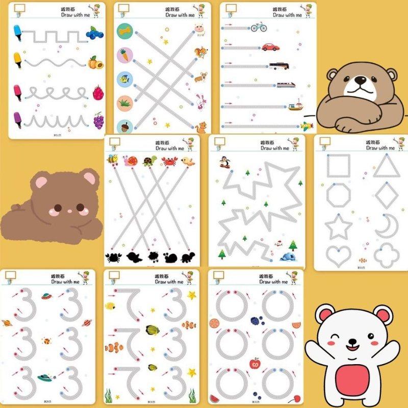 Quyển tập tô vẽ thông minh có thể xóa được 64 trang kèm 6 bút, Học liệu Montessori Đồ chơi giáo dục cho bé từ 2 tuổi