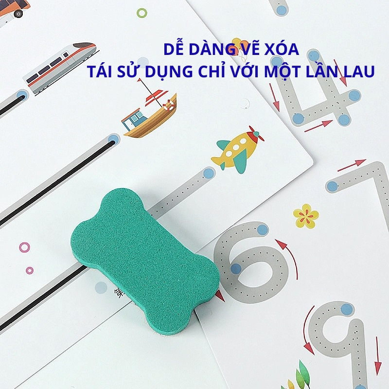 Quyển tập tô vẽ thông minh có thể xóa được 64 trang kèm 6 bút, Học liệu Montessori Đồ chơi giáo dục cho bé từ 2 tuổi