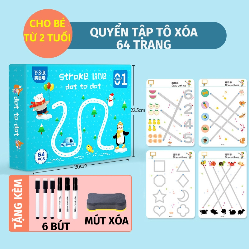 Quyển tập tô vẽ thông minh có thể xóa được 64 trang kèm 6 bút, Học liệu Montessori Đồ chơi giáo dục cho bé từ 2 tuổi