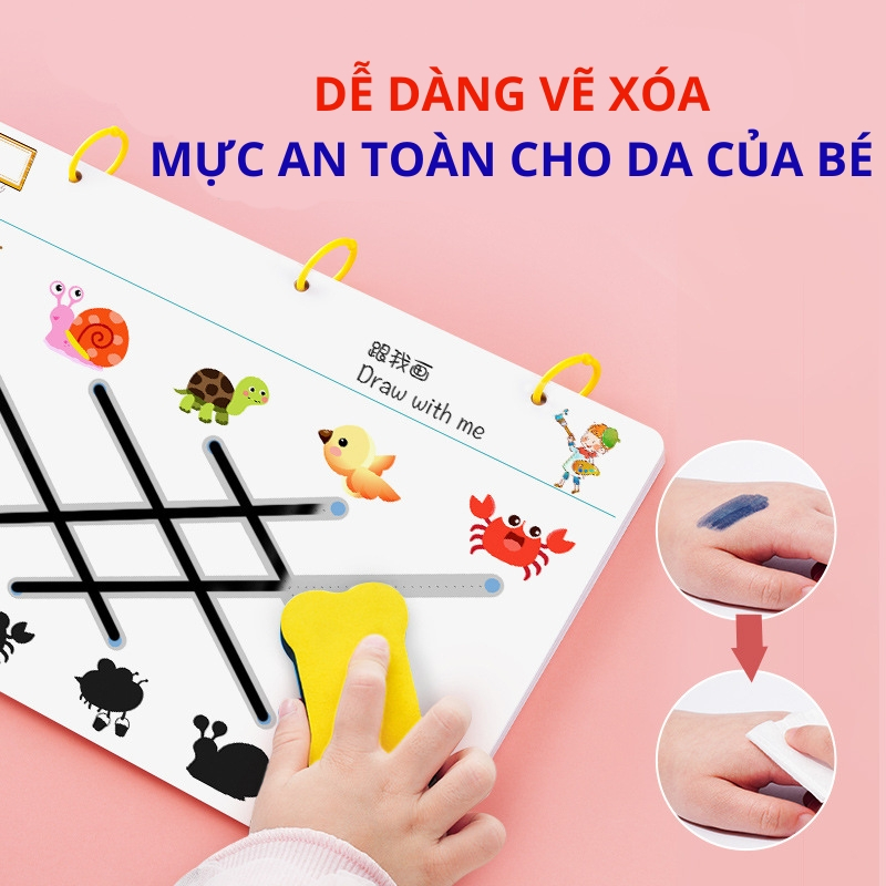 Quyển tập tô vẽ thông minh có thể xóa được 64 trang kèm 6 bút, Học liệu Montessori Đồ chơi giáo dục cho bé từ 2 tuổi