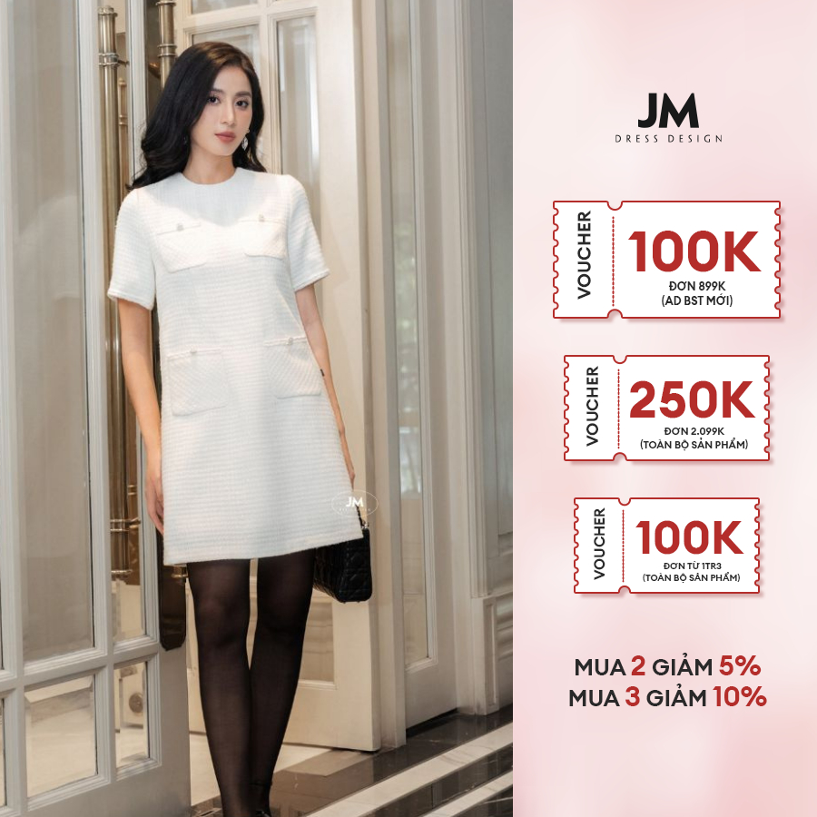 JM Dress Desgin - Đầm Tweed cổ tròn 4 túi ốp khóa ngực 1F25.2210TW
