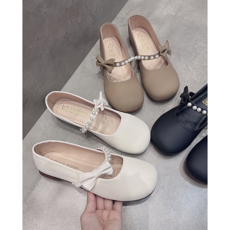 Giày búp bê da dẻo quai nơ ngọc mũi tròn