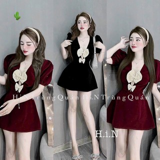 Đầm nhung tay bồng dáng ngắn xòe 2 nơ to trước ngực cực hot cho mùa noel