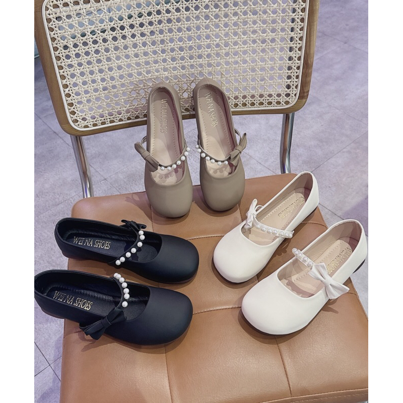 Giày búp bê da dẻo quai nơ ngọc mũi tròn