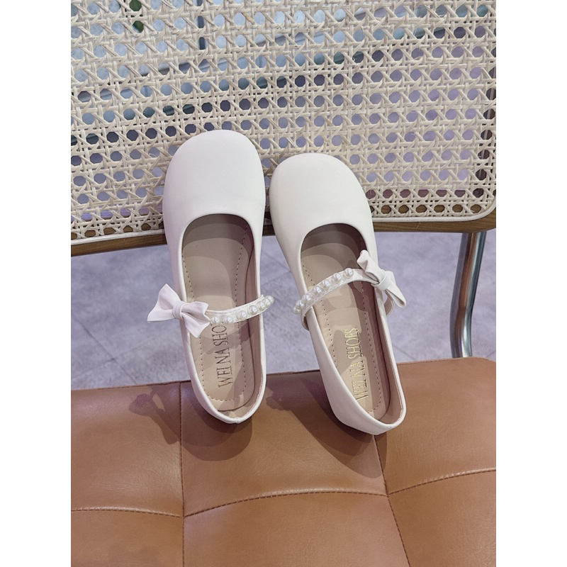 Giày búp bê da dẻo quai nơ ngọc mũi tròn