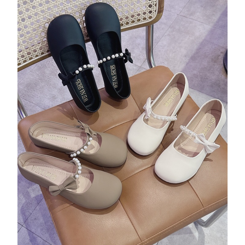 Giày búp bê da dẻo quai nơ ngọc mũi tròn