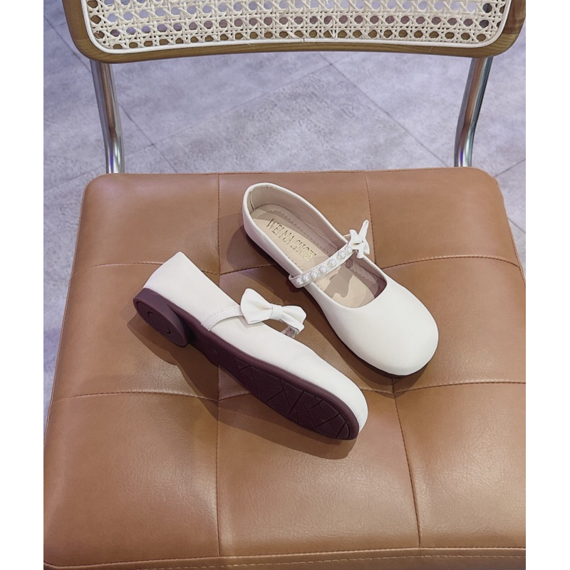 Giày búp bê da dẻo quai nơ ngọc mũi tròn