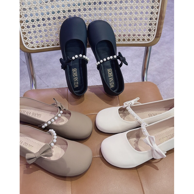 Giày búp bê da dẻo quai nơ ngọc mũi tròn