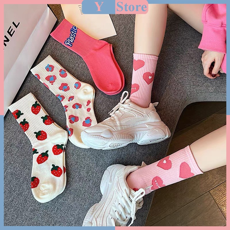 Set 5 đôi tất cổ cao hoạ tiết tim dâu hồng hot trend TVA04