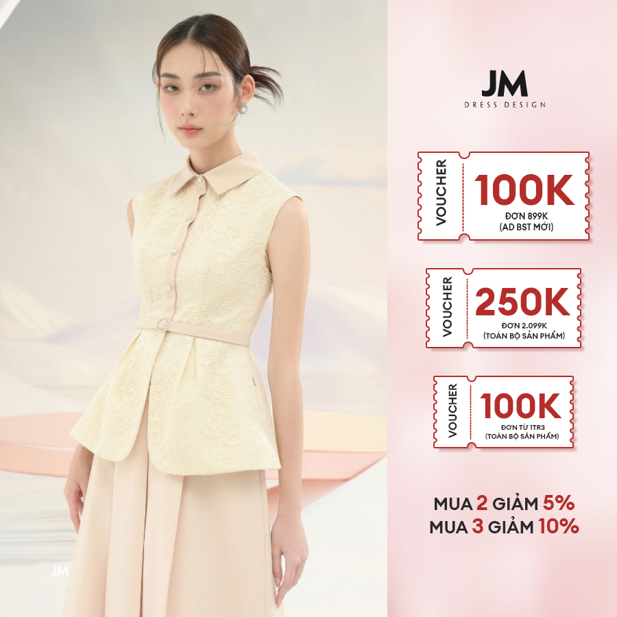 Áo sơ mi thiết kế JM Dress Design ren cổ đức phối vải đai eo rời, đơn gian lịch sự, chất liệu có đọ bền cao 2T45.2208PL