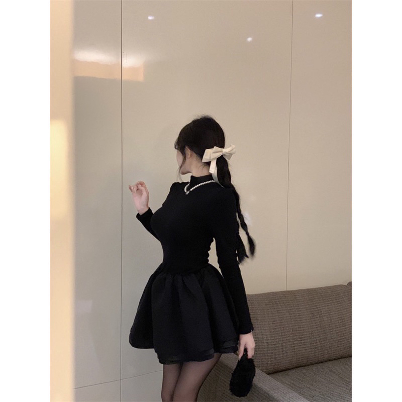 Đầm dài tay body xoè tầng dáng ngắn màu đen váy kiểu nữ tùng 3 tầng tôn dáng sang chảnh đi tiệc