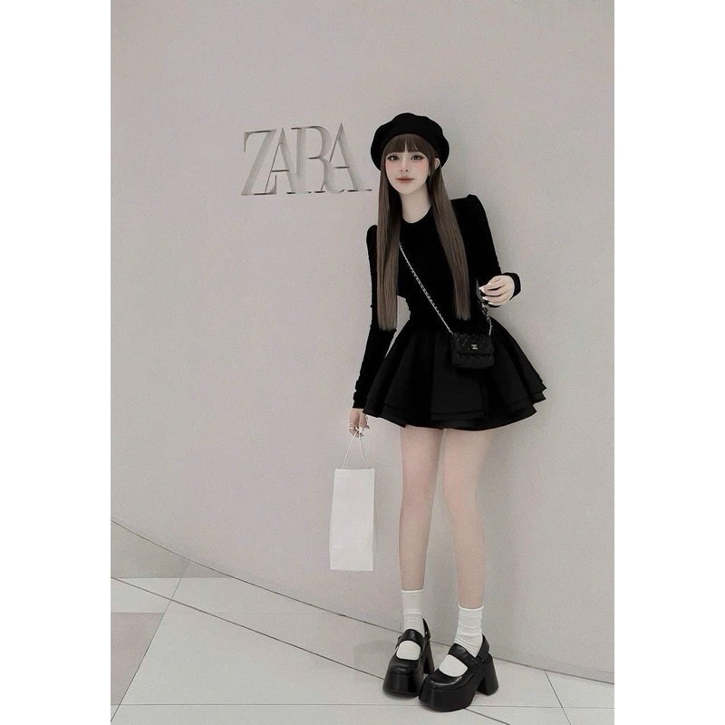 Đầm dài tay body xoè tầng dáng ngắn màu đen váy kiểu nữ tùng 3 tầng tôn dáng sang chảnh đi tiệc