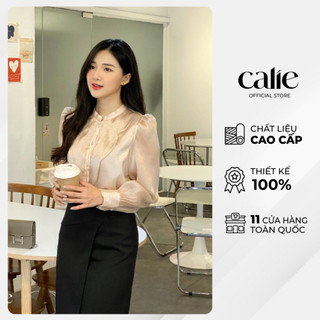 Áo sơ mi nữ dài tay cổ tàu phối đáp ngực calie as274