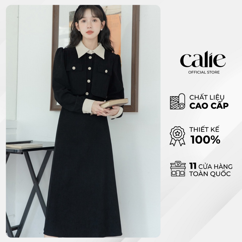 Váy nữ dáng xòe phối cổ đức CALIE đính cúc dạng váy áo chất xước Hàn cao cấp giúp che khuyết điểm VX163 VA424