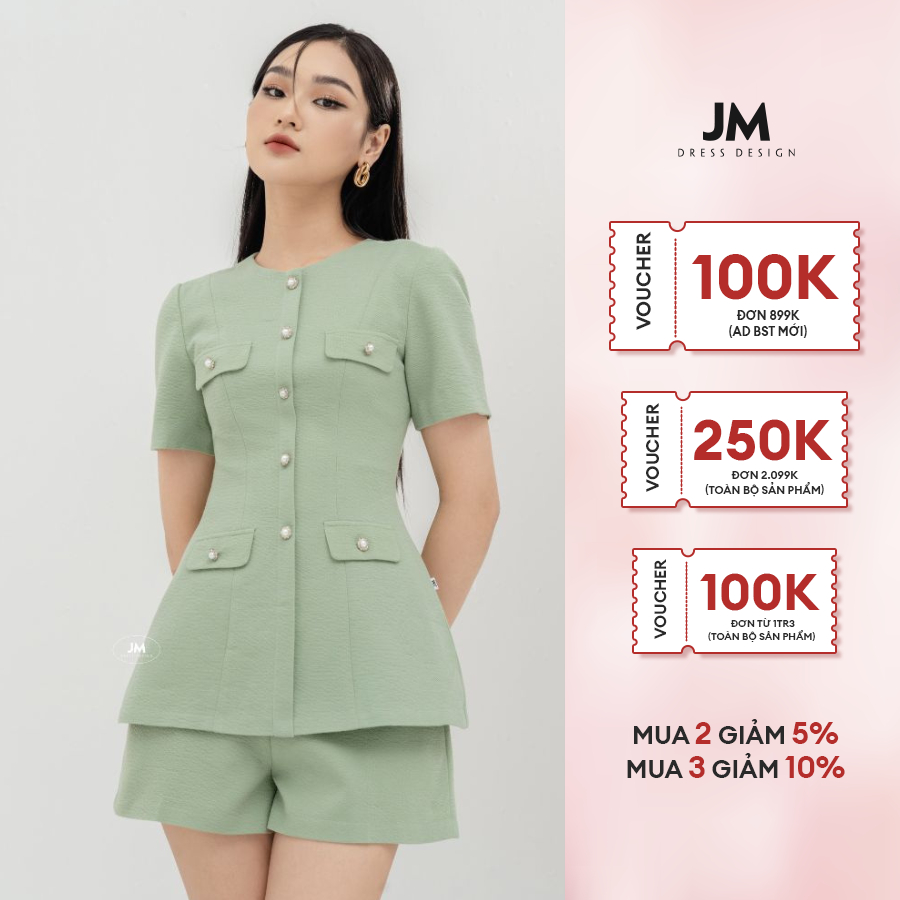 Áo Thiết Kế Cổ Tròn JM Dress Design Bốn Túi Ốp Đính Cúc, chất liệu Kate cao cấp, có đọ bền cao 2T30.2204S