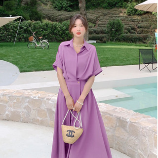 Đầm tím pastel cổ sơ mi nút eo thanh lịch dáng dài đỏ
