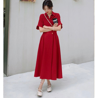 Đầm tím pastel cổ sơ mi nút eo thanh lịch dáng dài đỏ