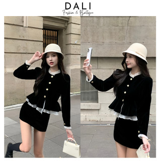 Set Đầm Nhung Viền Bèo Dáng Xoè Cúc Ngọc + Chân Váy Chữ A Có Quần Trong, Set Dự Tiệc Tiểu Thư Sang Chảnh
