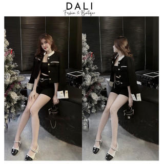 Set Áo Nhung Cổ Tàu Dài Tay Phối Viền Trắng + Quần Sooc, Set Dự Tiệc Tiểu Thư Sang Chảnh