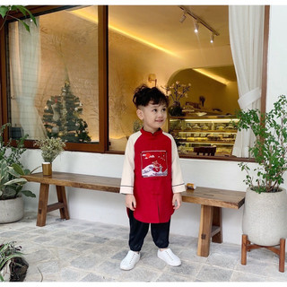 Áo dài cách tân bé trai, áo dài cổ tàu chất nhung lì thêu đắp họa tiết cho bé 10-22kg