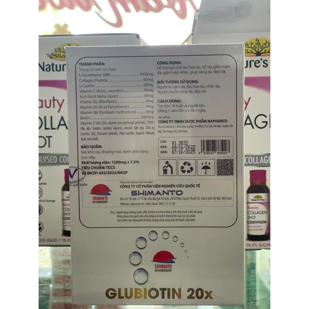 Viên uống trắng da, mờ nám Glubiotin 20x (Glutathione), giảm nhăn, trẻ hoá da, trắng da mặt, sản phẩm chính hãng