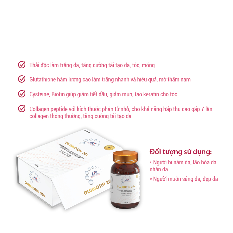 Viên uống trắng da, mờ nám Glubiotin 20x (Glutathione), giảm nhăn, trẻ hoá da, trắng da mặt, sản phẩm chính hãng