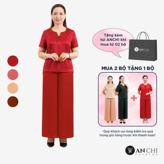 Bộ lụa trung niên nữ ANCHI cao cấp đỏ đô, đồ bộ mặc nhà kín đáo thanh lịch - B07
