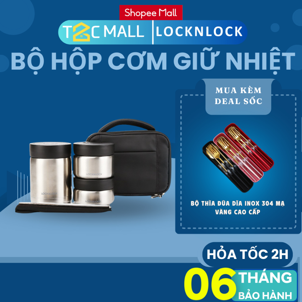 Bộ hộp đựng cơm giữ nhiệt LocknLock Hộp cơm trưa văn phòng Thép Không Gỉ Kèm Túi LHC8031SLV - T2Cmall