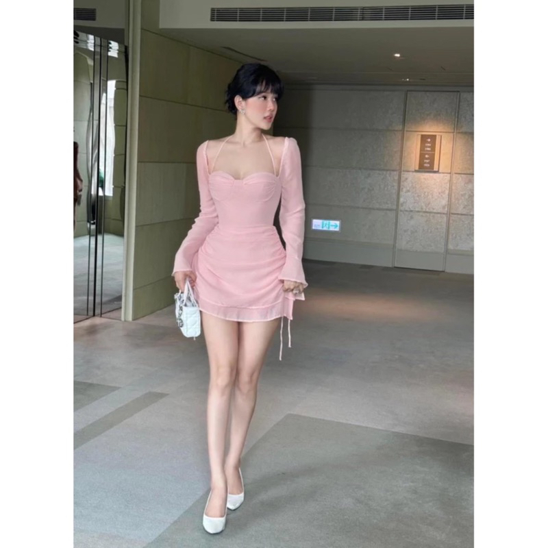 Đầm Thun Lưới Tay Dài Cổ Yếm Chiết Eo Dáng A Dây Rút