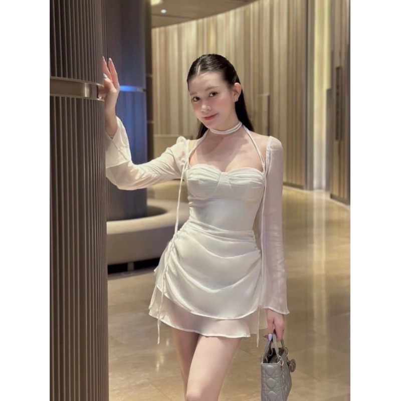 Đầm Thun Lưới Tay Dài Cổ Yếm Chiết Eo Dáng A Dây Rút