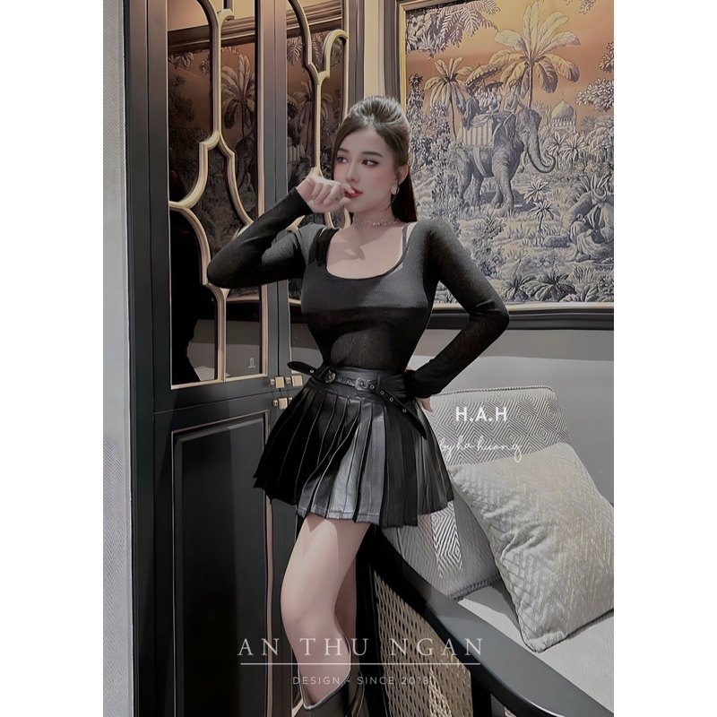 Sét áo len +chân váy da kèm đai