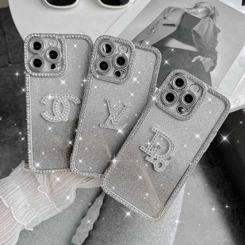 Ốp lưng nhũ bling đính đá LO GO ĐÍNH ĐÁ viền camera cạnh vuông cho i phone 7 đến 14promax