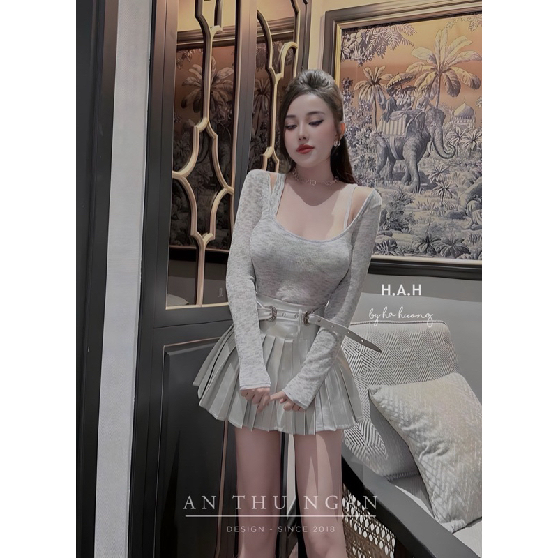 Sét áo len +chân váy da kèm đai