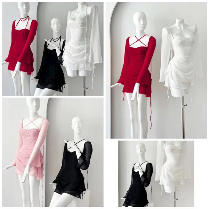 Đầm Thun Lưới Tay Dài Cổ Yếm Chiết Eo Dáng A Dây Rút