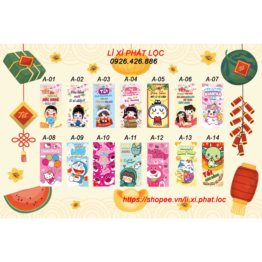 Bộ 100 bao Lì xì tết 2024 nhiều mẫu