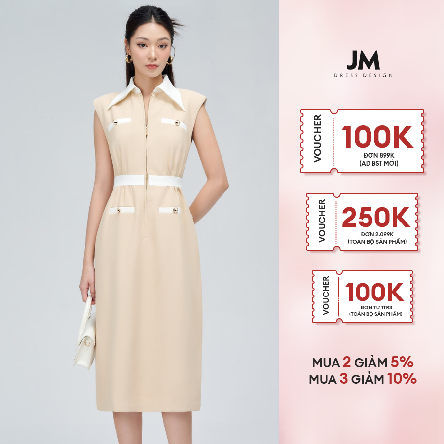 Đầm thiết kế JM Dress Design liền cổ sơ mi phối túi, phối  cạp eo tạo điểm nhán, dáng dài sang trảnh 1S38.2209PL