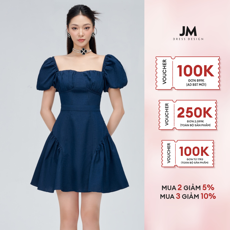 Đầm xòe cổ vuông thiết kê nhún ngực, tay bồng chất liệu Puff Midi nhẹ nhàng thoáng mát JM Dress Design 1S17B.2204OG