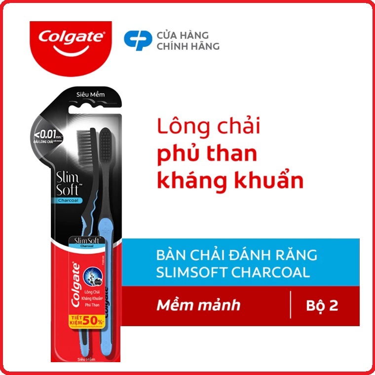 Bộ 2 Bàn chải Colgate SlimSoft Charcoal than hoạt tính kháng khuẩn siêu mềm mảnh