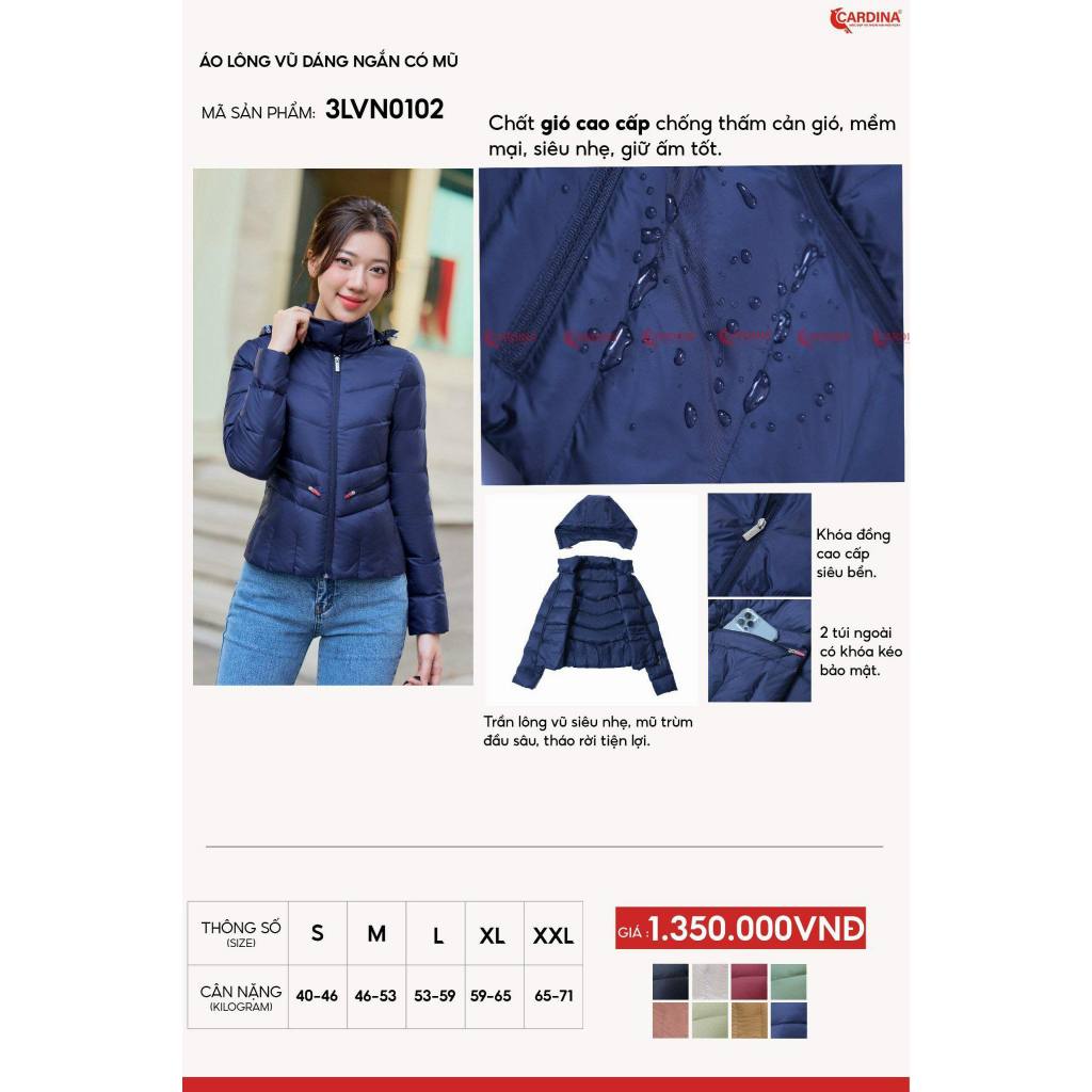 Áo Phao Nữ Lông Vũ Cardina CHÍNH HÃNG - Siêu Nhẹ, Siêu Ấm, Chống Nước