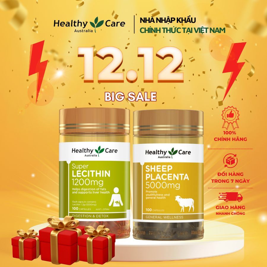 Combo Viên uống nhau thai cừu Healthy Care Sheep Placenta , Mầm đậu nành Healthy Care Super Lecithin 100 viên của Úc